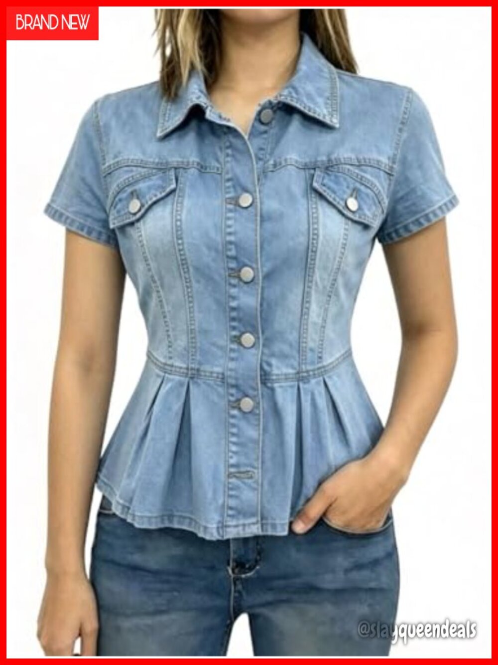 Women's Denim Jacket Cap Sleeve Peplum Raw Hem Button Down with Pockets